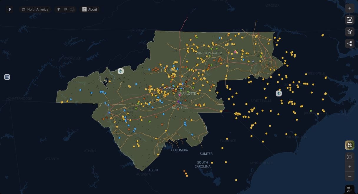 Duke Energy Carolinas's territory with its generating facilities and transmission lines