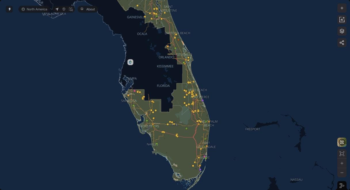 Florida Power & Light's territory with its generating facilities and transmission lines