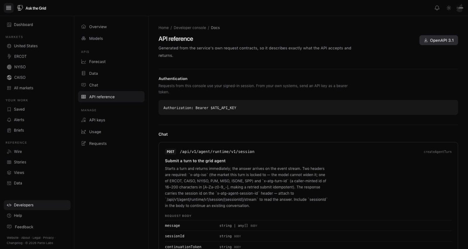 The generated API reference in the developer console, showing the bearer-token authentication block and the Chat endpoint with its request body fields.