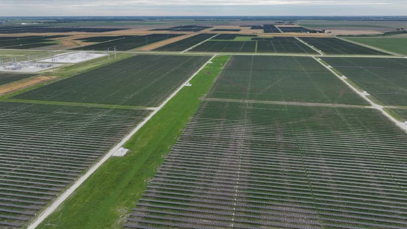 Aerial photograph of solar panel fields and the project substation at Double Black Diamond Solar in Illinois