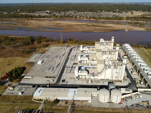 Aerial view of Green Country Power Plant beside the Arkansas River in Jenks, Oklahoma