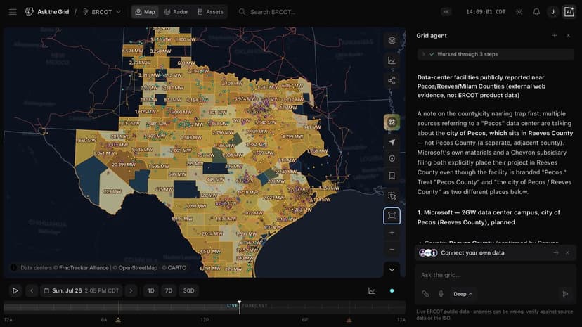 The full ERCOT interconnection queue and data-center map beside Ask the Grid agent web research and the shared timeline