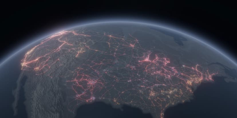 Wide orbital rendering of the contiguous United States on a curved, dark Earth, with mapped transmission lines glowing across the country, bright points marking substations and power plants, faint state boundaries, mountain relief, and a pale atmospheric rim.