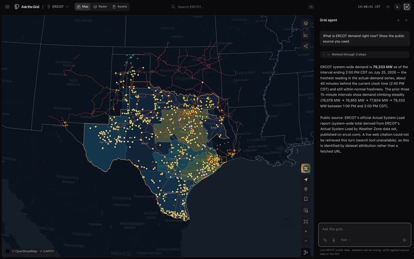 A sourced Ask the Grid answer beside the ERCOT market map and operating context